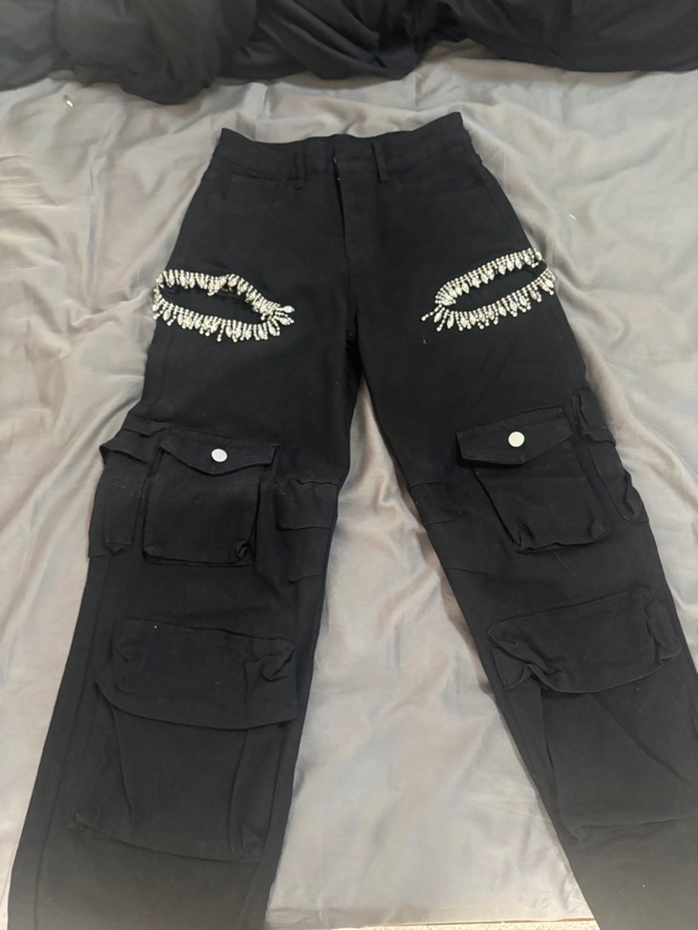 Black Cargo Pants with Silver Beaded Embellishment